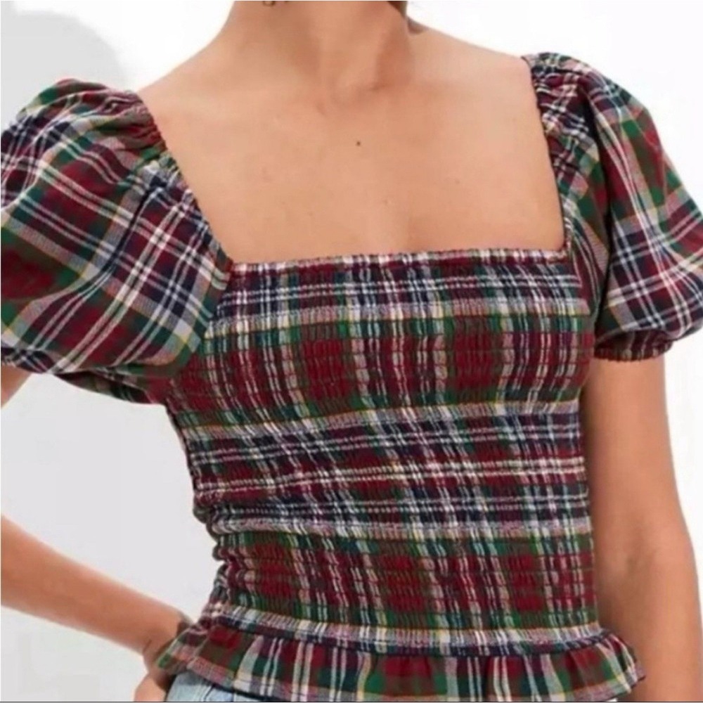 American Eagle Womens Plaid Square Neck Smocked Crop Top Small Holiday Heritage